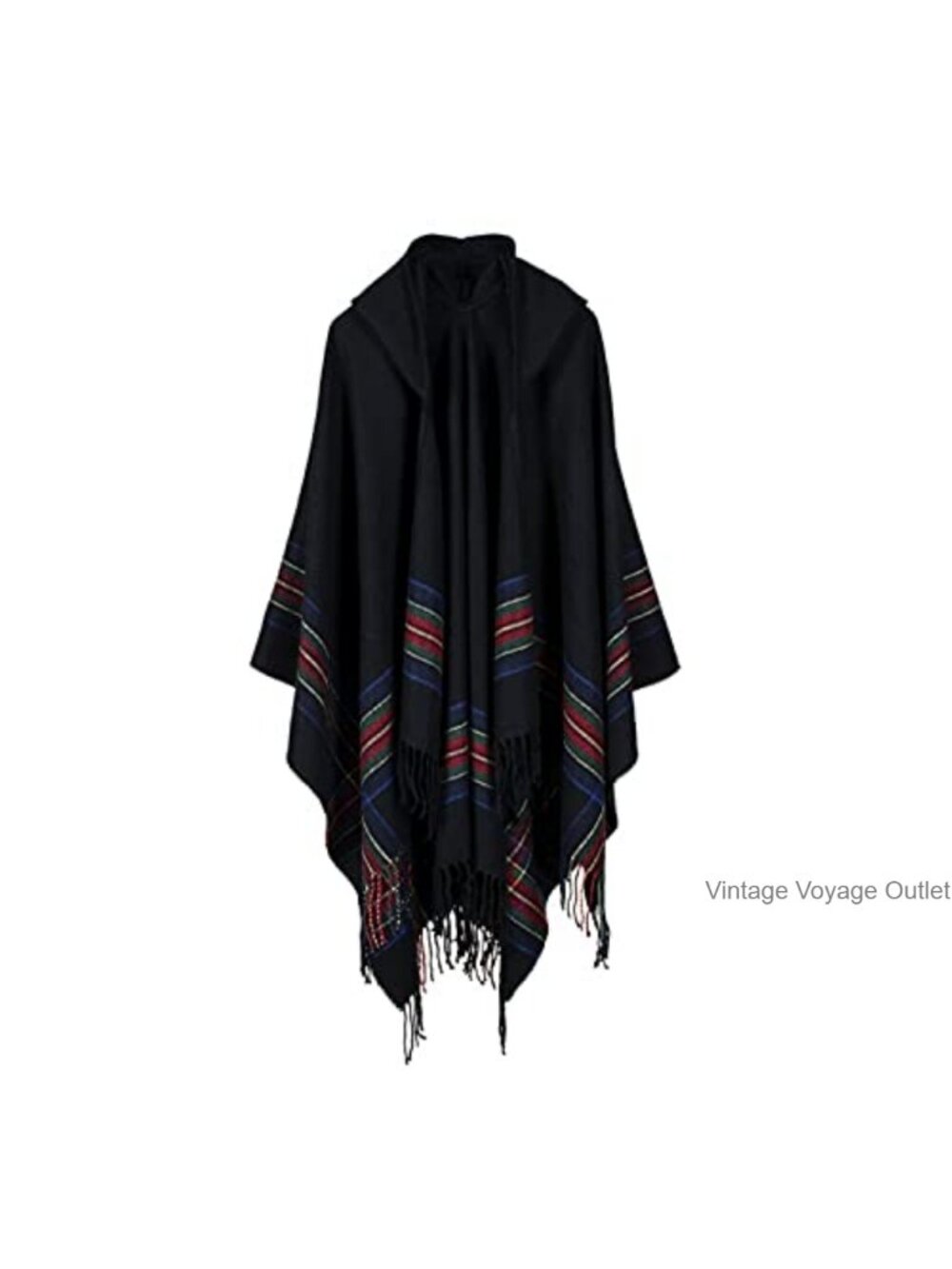 Acrylic Wool Hooded Poncho Wrap Blanket Shawl with Tassels